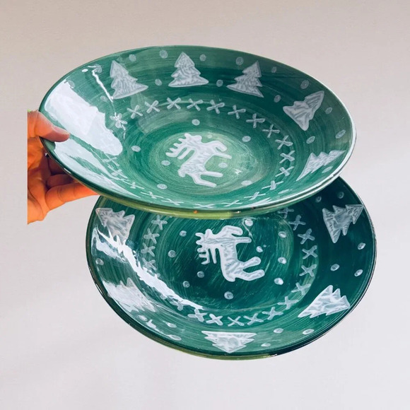 2 La Gioconda Italy Hand-Painted Reindeer Motif Green Large Bowls - Picture 1 of 7
